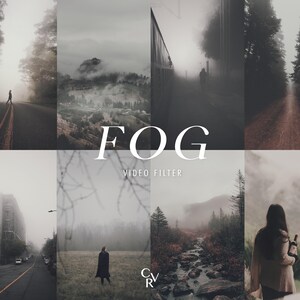 May include: A collection of images with a foggy theme. The word "FOG" is displayed in large white text, with "VIDEO FILTER" below it. The images show landscapes, roads, and figures in a misty environment, with a muted colour palette.