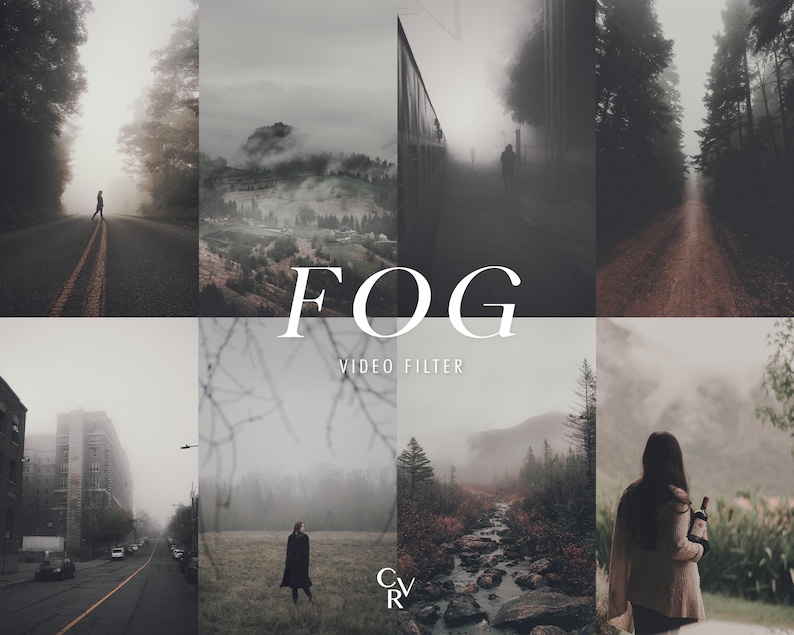 May include: A collection of images with a foggy theme. The word "FOG" is displayed in large white text, with "VIDEO FILTER" below it. The images show landscapes, roads, and figures in a misty environment, with a muted colour palette.