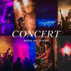 Puede incluir: Un collage de escenas de conciertos con la palabra "CONCERT" en letras blancas grandes. Las imágenes muestran músicos actuando, multitudes con las manos levantadas e iluminación de escenario en varios colores, incluyendo púrpura, naranja y azul. También está presente el texto "MOBILE AND DESKTOP".