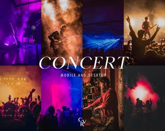 May include: A collage of concert scenes with the word "CONCERT" in large white letters. The images show musicians performing, crowds with raised hands, and stage lighting in various colors, including purple, orange, and blue. The text "MOBILE AND DESKTOP" is also present.