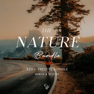 May include: The Nature Bundle: 820+ presets for mobile and desktop. A woman walks on a path through a forest with a mountain in the background.