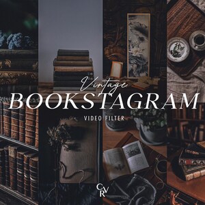 May include: A collage of images with a vintage book theme. The central text reads "Vintage BOOKSTAGRAM VIDEO FILTER." The images feature stacks of old books, open books, and decorative items, creating a classic, literary feel.