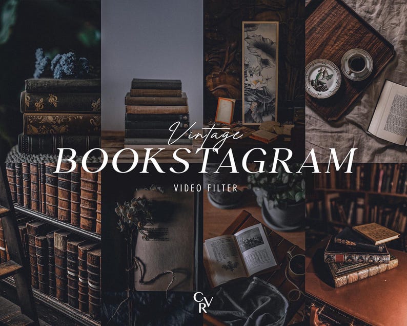 May include: A collage of images with a vintage book theme. The central text reads "Vintage BOOKSTAGRAM VIDEO FILTER." The images feature stacks of old books, open books, and decorative items, creating a classic, literary feel.