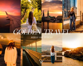 May include: A collage of travel-themed photos with a golden color scheme. The text "GOLDEN TRAVEL" is displayed in a large, elegant font, with "MOBILE AND DESKTOP" below. The images include a plane wing, cityscapes, and people.