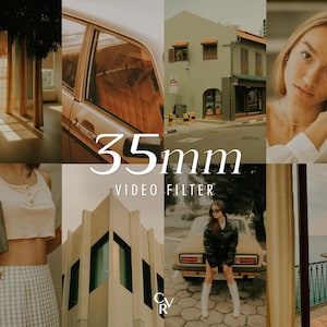 May include: A collage of images with a warm, vintage aesthetic. The central text reads "35mm VIDEO FILTER." The images include a car, a building, a person, and interior shots, all with a cohesive, sun-kissed color palette.