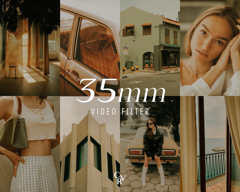 May include: A collage of images with a warm, vintage aesthetic. The central text reads "35mm VIDEO FILTER." The images include a car, a building, a person, and interior shots, all with a cohesive, sun-kissed color palette.