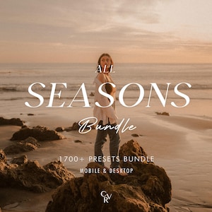 May include: A woman stands on a rocky beach at sunset, with the ocean in the background. The text "ALL SEASONS Bundle" is overlaid in white, along with "1700+ PRESETS BUNDLE MOBILE & DESKTOP" and the initials "CV". The image has a warm, golden color palette.