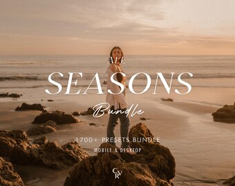 May include: A person stands on a rocky beach at sunset, with the sea in the background. The text "ALL SEASONS Bundle" is overlaid in white, along with "1700+ PRESETS BUNDLE MOBILE & DESKTOP" and the initials "CV". The image has a warm, golden colour palette.