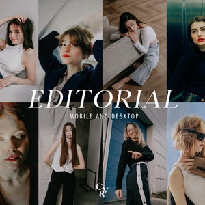 Puede incluir: Un collage de ocho imágenes con modelos diversos en varias poses y atuendos. La palabra "EDITORIAL" se muestra en texto blanco grande, con "MOBILE AND DESKTOP" debajo. Las imágenes muestran temas de moda y estilo de vida.
