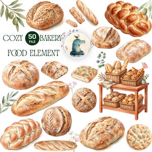 Puede incluir: Una colección de ilustraciones en acuarela que muestran varios tipos de pan, incluyendo hogazas redondas, baguettes, pan trenzado y focaccia. Se incluye una mesa de madera con cestas de mimbre llenas de productos horneados, junto con el texto COZY 50 FILE BAKERY FOOD ELEMENT y un pequeño gráfico circular de un cocodrilo.
