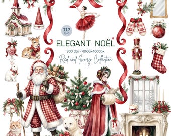 May include: A digital collection of Christmas-themed illustrations featuring Santa Claus, a ballerina, a nutcracker, a polar bear, a cat, a fireplace, a decorated tree, and various holiday ornaments with the text ELEGANT NOËL.