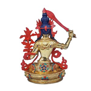 9 inch, Manjushree, Buddhist Handmade Statue, Face Painted, Stone Setting And Gold Plated image 4