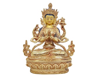 8.6" Inches Height, Chenrezig, Buddhist Handmade Statue, Gold Plated And Face Painted