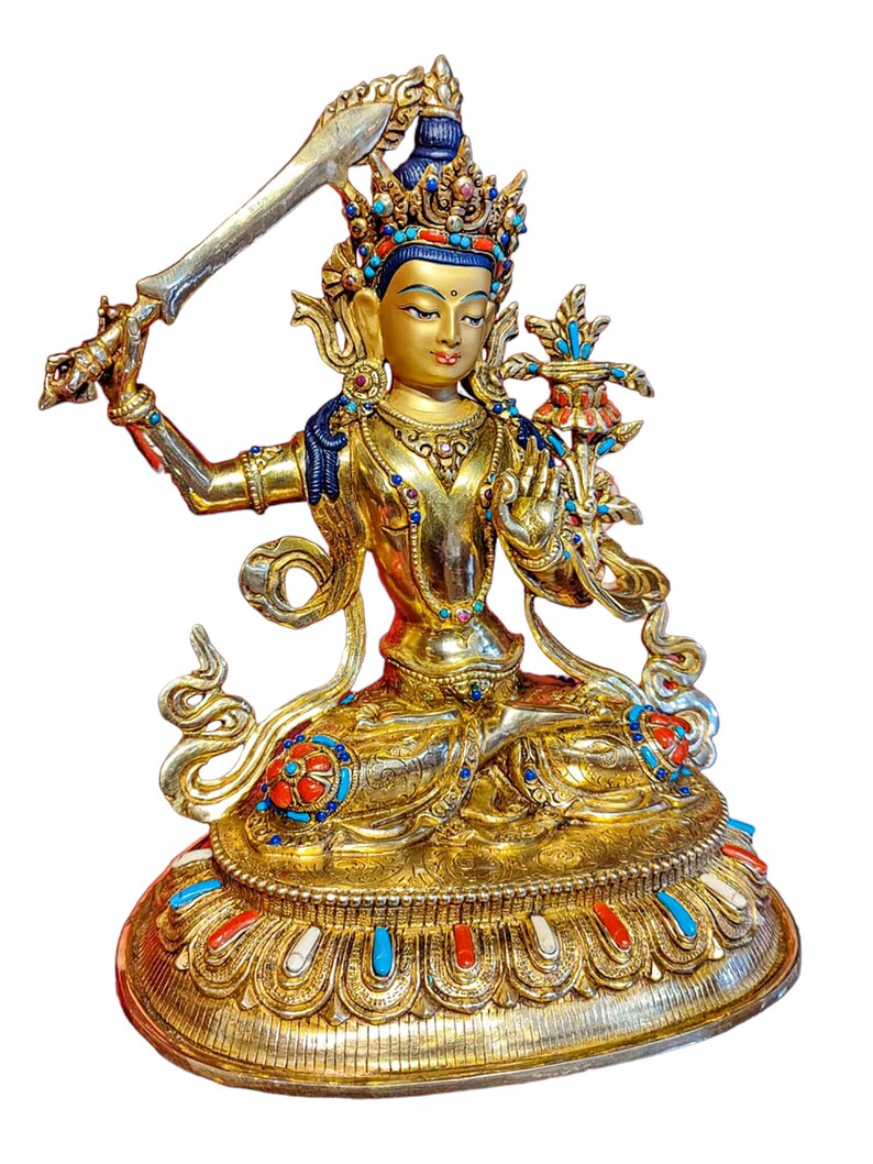 9.4 Inches Height, Manjushri, High Quality, Buddhist Handmade Statue, Face Painted, Gold Plated And Stone Setting image 4