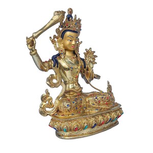 9 Zoll, Manjushree, buddhistische handgemachte Statue, Gesicht bemalt, Steinfassung und vergoldet Bild 2