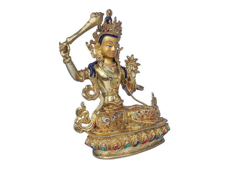 9 Zoll, Manjushree, buddhistische handgemachte Statue, Gesicht bemalt, Steinfassung und vergoldet Bild 2
