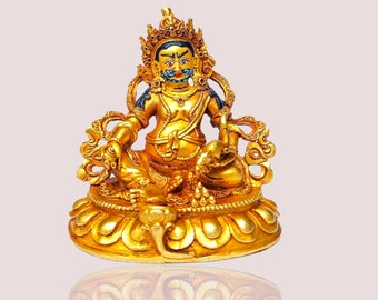 7 CM Height, Buddhist Miniature Statue of Yellow Jambhala, Full Gold Plated. Face Painted