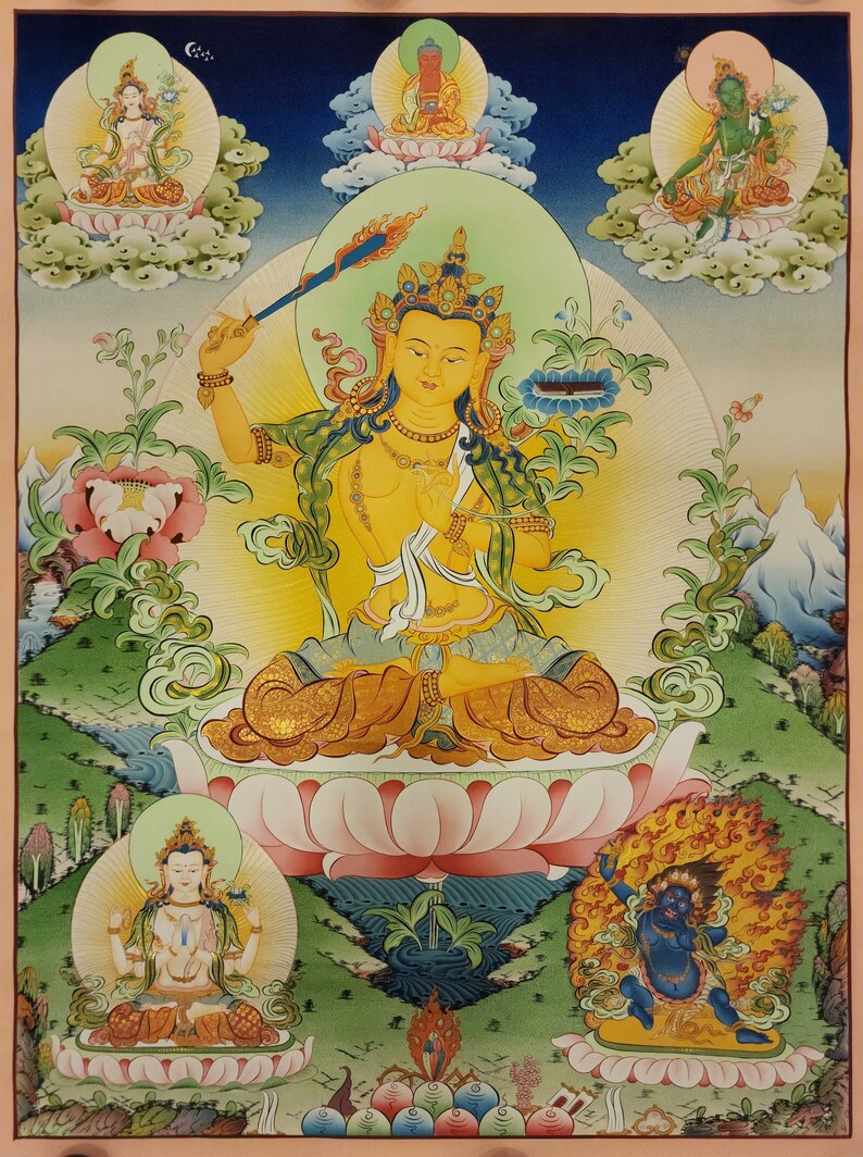 Manjushri Thangka, Buddhist Traditional Painting, Tibetan Style, Real Gold, Three Great Bodhisattvas, Smoked Antique image 1