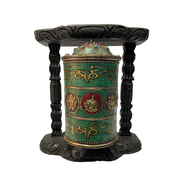 10 inch, Wall Prayer Wheel With Mantra Inside, with Carved Mantra, Ashtamangala, Stone Setting