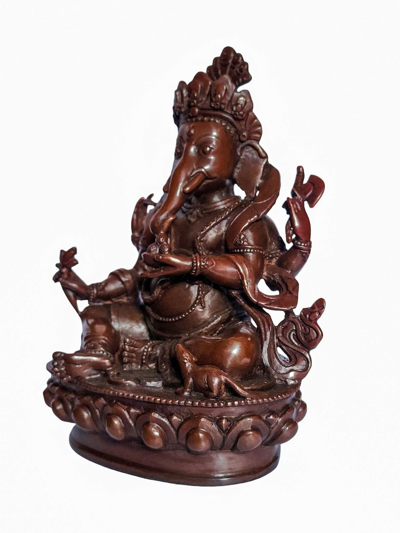 8 inch, Ganesh, Buddhist Statue, Chocolate Oxidized, With Carving image 2
