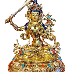 9.4 Inches Height, Manjushri, High Quality, Buddhist Handmade Statue, Face Painted, Gold Plated And Stone Setting image 2