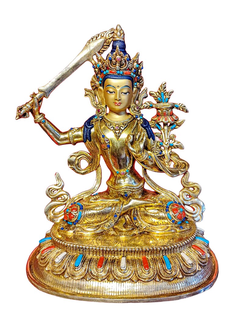 9.4 Inches Height, Manjushri, High Quality, Buddhist Handmade Statue, Face Painted, Gold Plated And Stone Setting image 2