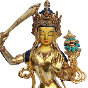 13 inches Height, Manjushree, Buddhist Handmade Statue, Face Painted, Gold Plated, Stone Setting image 6