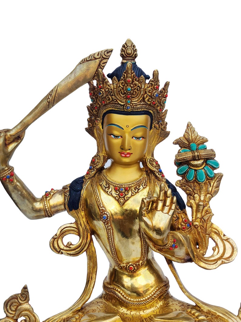 13 inches Height, Manjushree, Buddhist Handmade Statue, Face Painted, Gold Plated, Stone Setting image 6