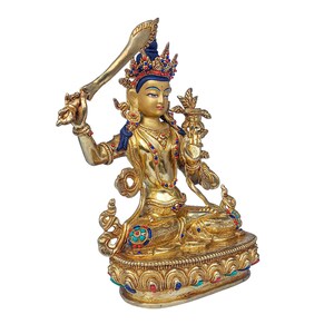 9 inch, Manjushree, Buddhist Handmade Statue, Face Painted, Stone Setting And Gold Plated image 2