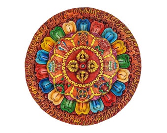 29 CM, Wooden Wall Hanging, With Double Dorje And Ashtamangal, Multilayered, Painted, Hand Carved