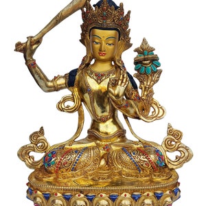 13 inches Height, Manjushree, Buddhist Handmade Statue, Face Painted, Gold Plated, Stone Setting image 2