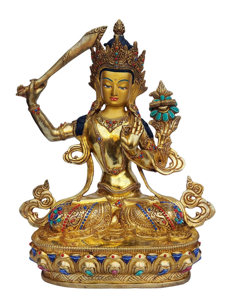 13 inches Height, Manjushree, Buddhist Handmade Statue, Face Painted, Gold Plated, Stone Setting image 2