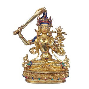 9 inch, Manjushree, Buddhist Handmade Statue, Face Painted, Stone Setting And Gold Plated image 1