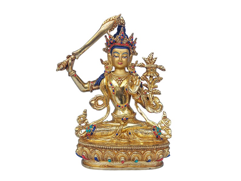 9 inch, Manjushree, Buddhist Handmade Statue, Face Painted, Stone Setting And Gold Plated image 1