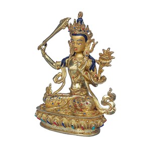 9 Zoll, Manjushree, buddhistische handgemachte Statue, Gesicht bemalt, Steinfassung und vergoldet Bild 3