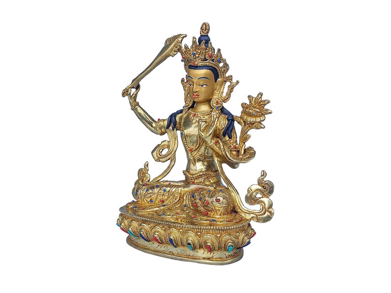 9 Zoll, Manjushree, buddhistische handgemachte Statue, Gesicht bemalt, Steinfassung und vergoldet Bild 3