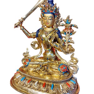 9.4 Inches Height, Manjushri, High Quality, Buddhist Handmade Statue, Face Painted, Gold Plated And Stone Setting image 5