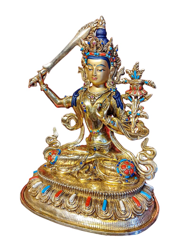 9.4 Inches Height, Manjushri, High Quality, Buddhist Handmade Statue, Face Painted, Gold Plated And Stone Setting image 5