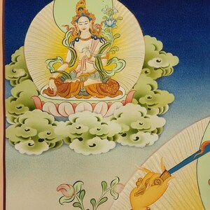 Manjushri Thangka, Buddhist Traditional Painting, Tibetan Style, Real Gold, Three Great Bodhisattvas, Smoked Antique image 2
