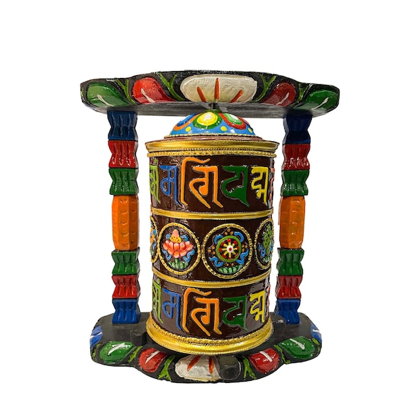 10 inch, Wall Prayer Wheel With Mantra Inside, Thangka Color With Carved Mantra, Ashtamangala, Wall Mountable, Wall Mountable