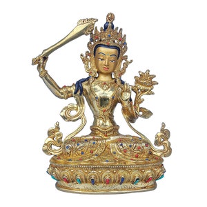 9 Zoll, Manjushree, buddhistische handgemachte Statue, Gesicht bemalt, Steinfassung und vergoldet Bild 1