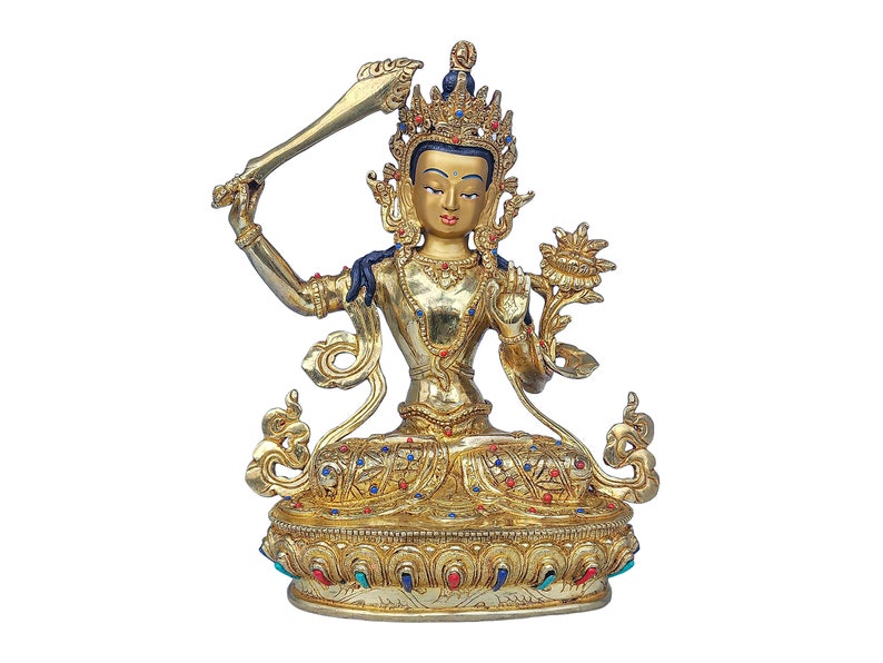9 Zoll, Manjushree, buddhistische handgemachte Statue, Gesicht bemalt, Steinfassung und vergoldet Bild 1