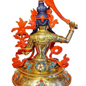 9.4 Inches Height, Manjushri, High Quality, Buddhist Handmade Statue, Face Painted, Gold Plated And Stone Setting image 7