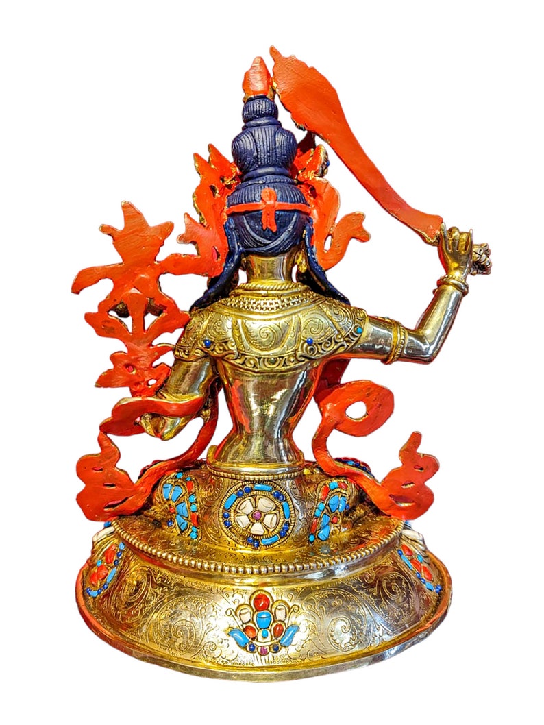 9.4 Inches Height, Manjushri, High Quality, Buddhist Handmade Statue, Face Painted, Gold Plated And Stone Setting image 7