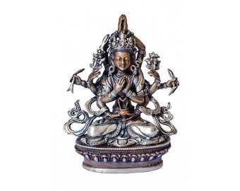 5 inch, Namasangiti, Buddhist Miniature Statue, Silver And Chocolate Oxidized, With Carving