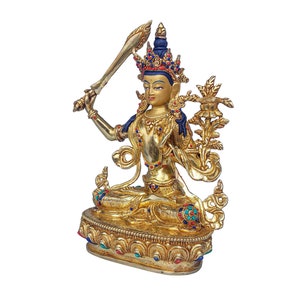 9 inch, Manjushree, Buddhist Handmade Statue, Face Painted, Stone Setting And Gold Plated image 3