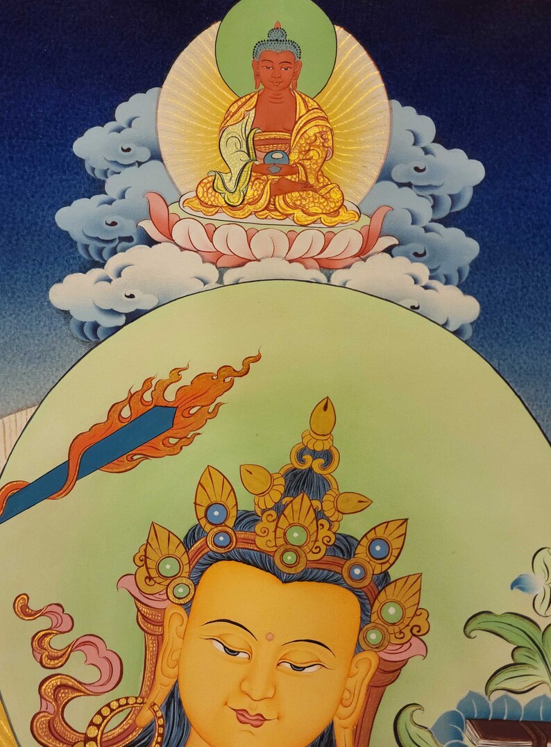 Manjushri Thangka, Buddhist Traditional Painting, Tibetan Style, Real Gold, Three Great Bodhisattvas, Smoked Antique image 4