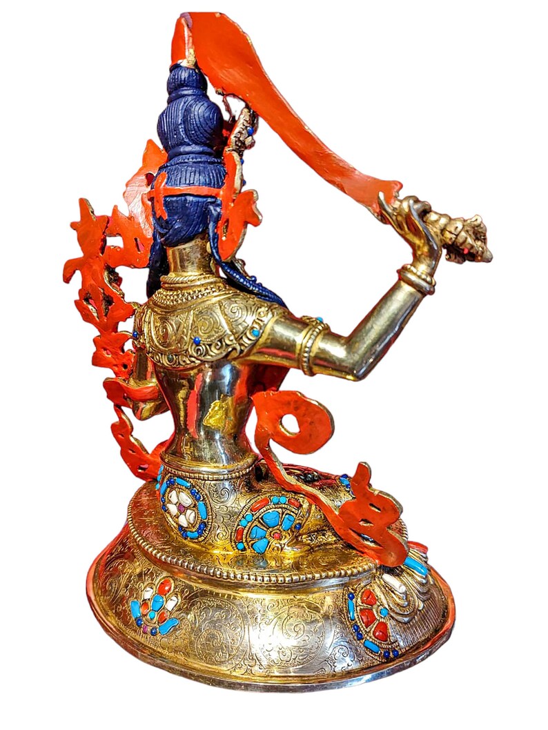 9.4 Inches Height, Manjushri, High Quality, Buddhist Handmade Statue, Face Painted, Gold Plated And Stone Setting image 6