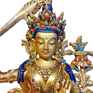 9.4 Inches Height, Manjushri, High Quality, Buddhist Handmade Statue, Face Painted, Gold Plated And Stone Setting image 3