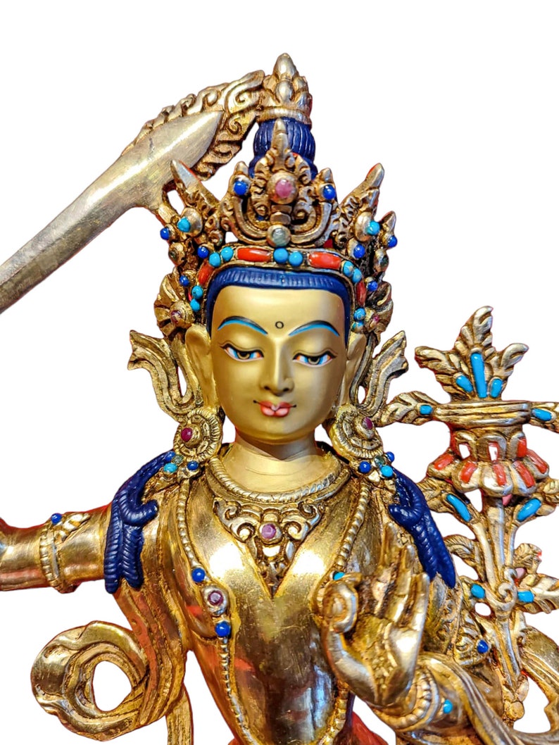 9.4 Inches Height, Manjushri, High Quality, Buddhist Handmade Statue, Face Painted, Gold Plated And Stone Setting image 3